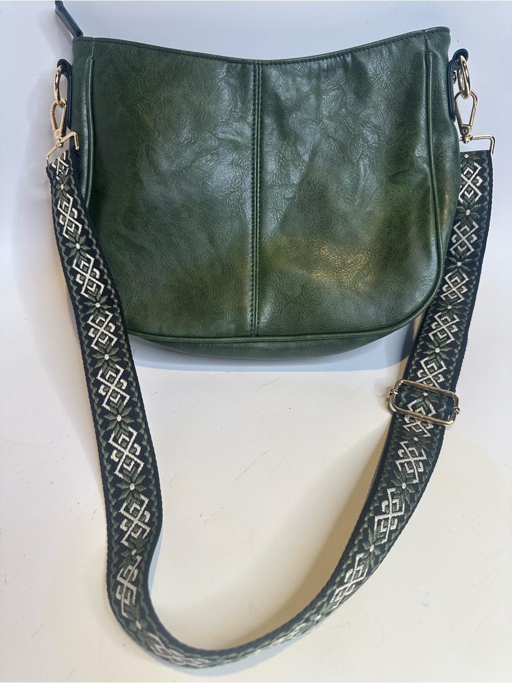 Green Leather Crossbody Bag with Patterned Strap